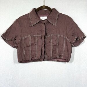 DISSH Top Womens 6 Chai Collection Linen Cropped Chocolate Brown Contrast Stitch